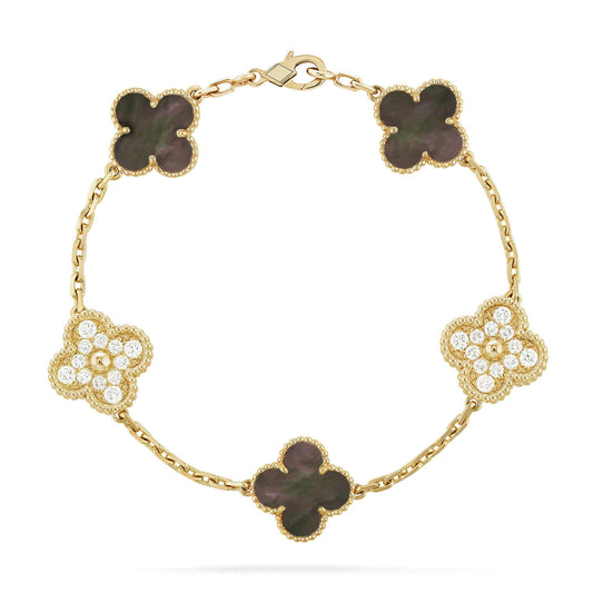 [Royal Jewelry]CLOVER 5 MOTIF GRAY MOP DIAMOND BRACELET