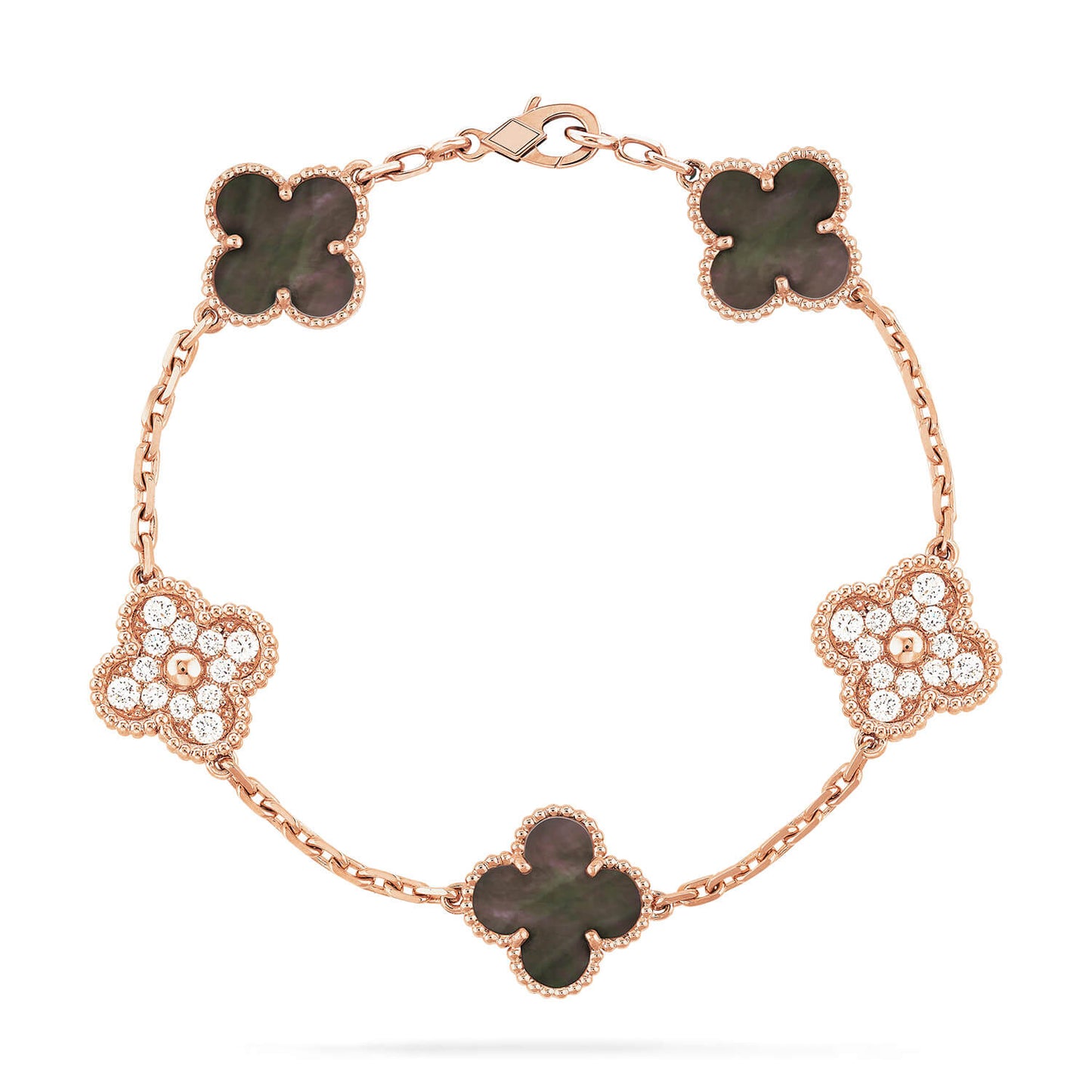 [Royal Jewelry]CLOVER 5 MOTIFS DARK MOP AND DIAMONDS PINK GOLD BRACELET