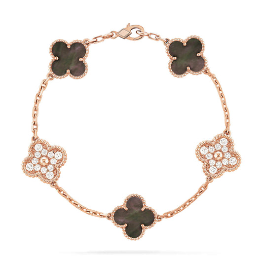 [Royal Jewelry]CLOVER 5 MOTIFS DARK MOP AND DIAMONDS PINK GOLD BRACELET
