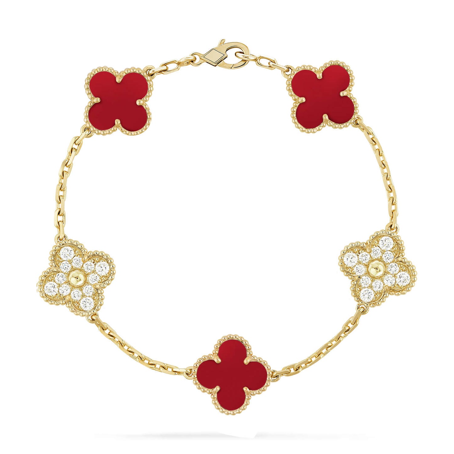 [Royal Jewelry]CLOVER 5 MOTIFS CARNELIAN DIAMOND BRACELET
