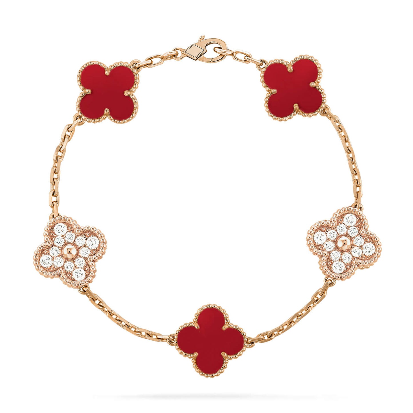 [Royal Jewelry]CLOVER 5 MOTIFS CARNELIAN DIAMOND BRACELET