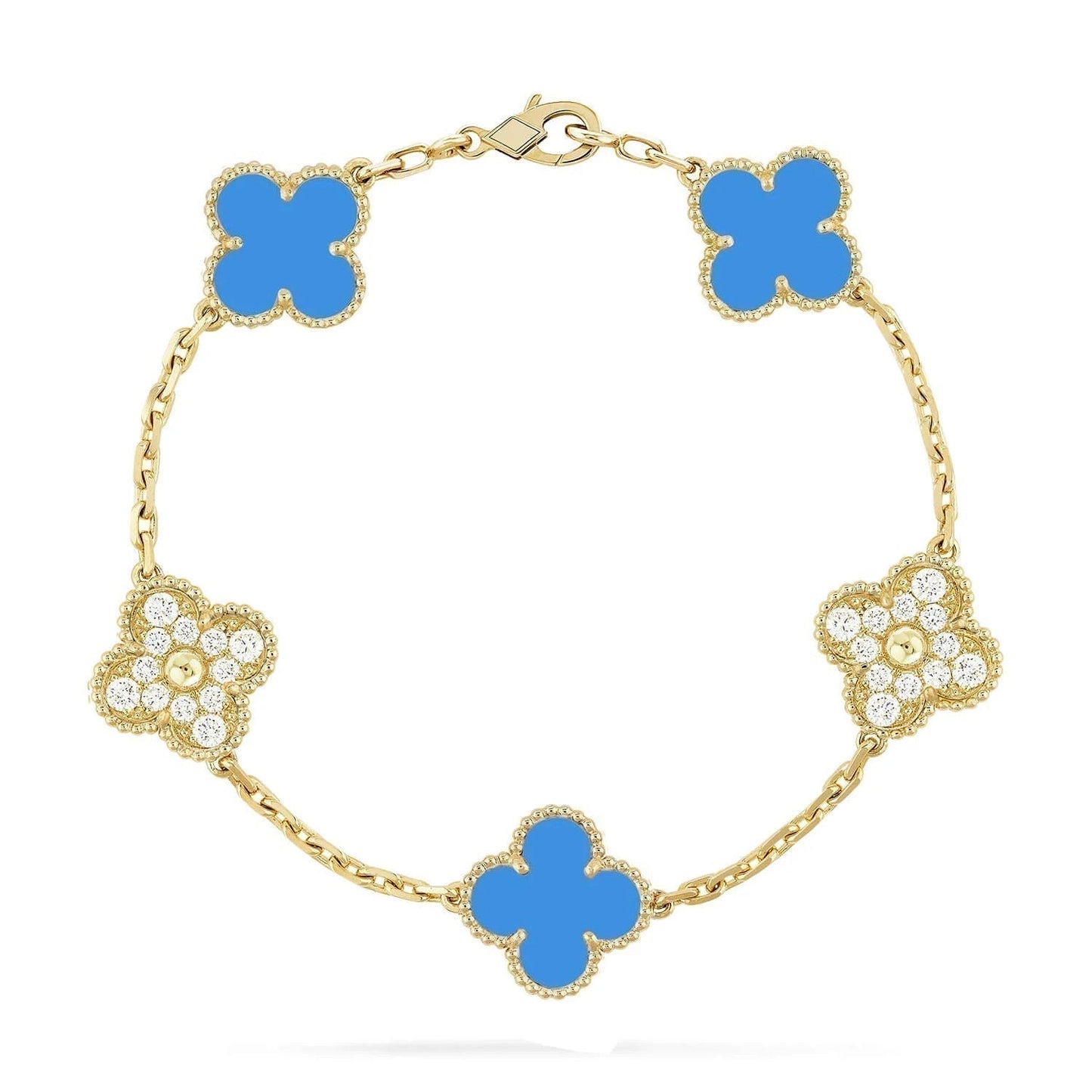 [Royal Jewelry]BRACELET TRÈFLE 5 MOTIFS EN OR, DIAMANTS ET CHALCEDOINE BLEUE