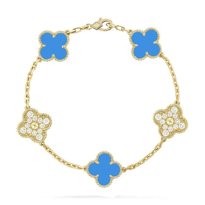 [Royal Jewelry]BRACELET TRÈFLE 5 MOTIFS EN OR, DIAMANTS ET CHALCEDOINE BLEUE