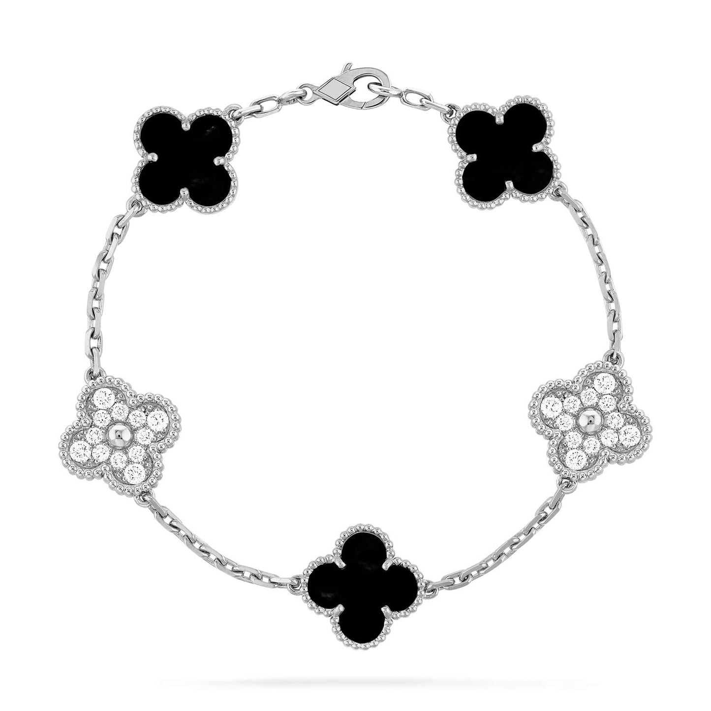 [Royal Jewelry]CLOVER 5 MOTIF ONYXS DIAMOND BRACELET SILVER