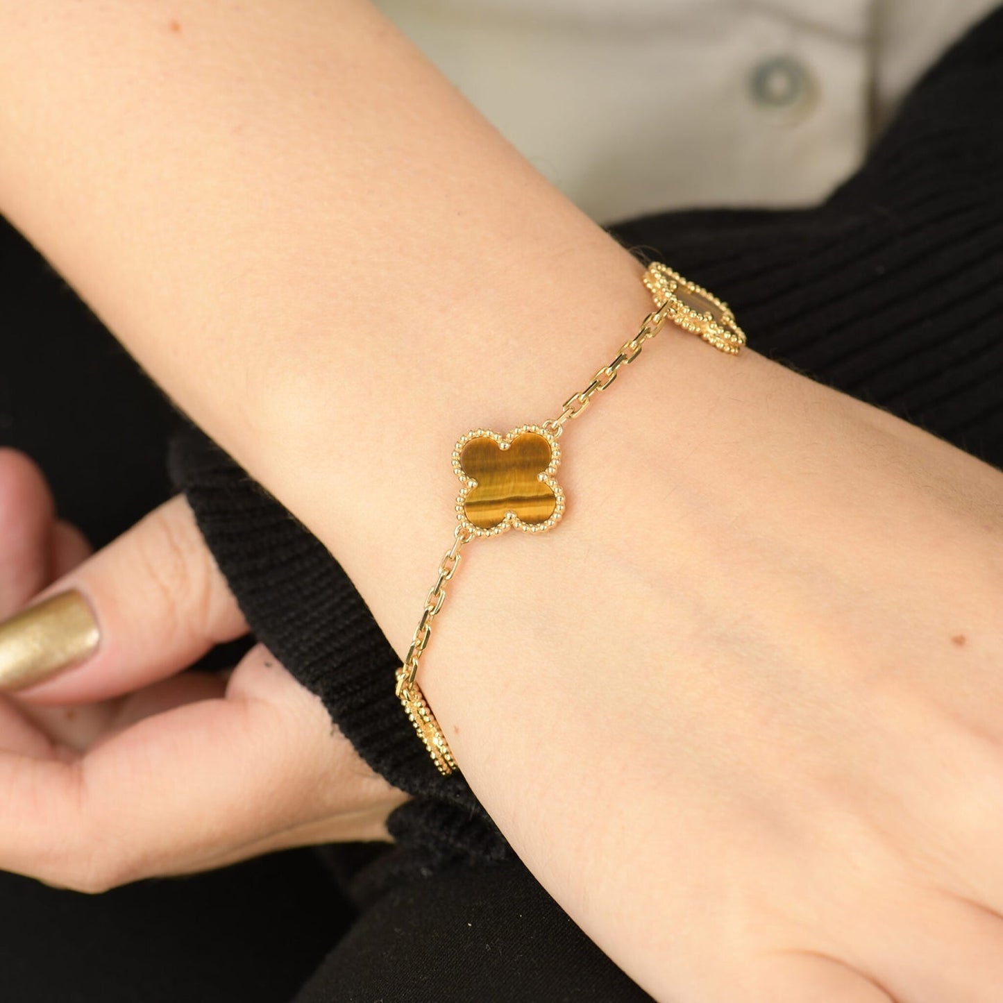 [Royal Jewelry]CLOVER  5 MOTIFS TIGER EYE BRACELET