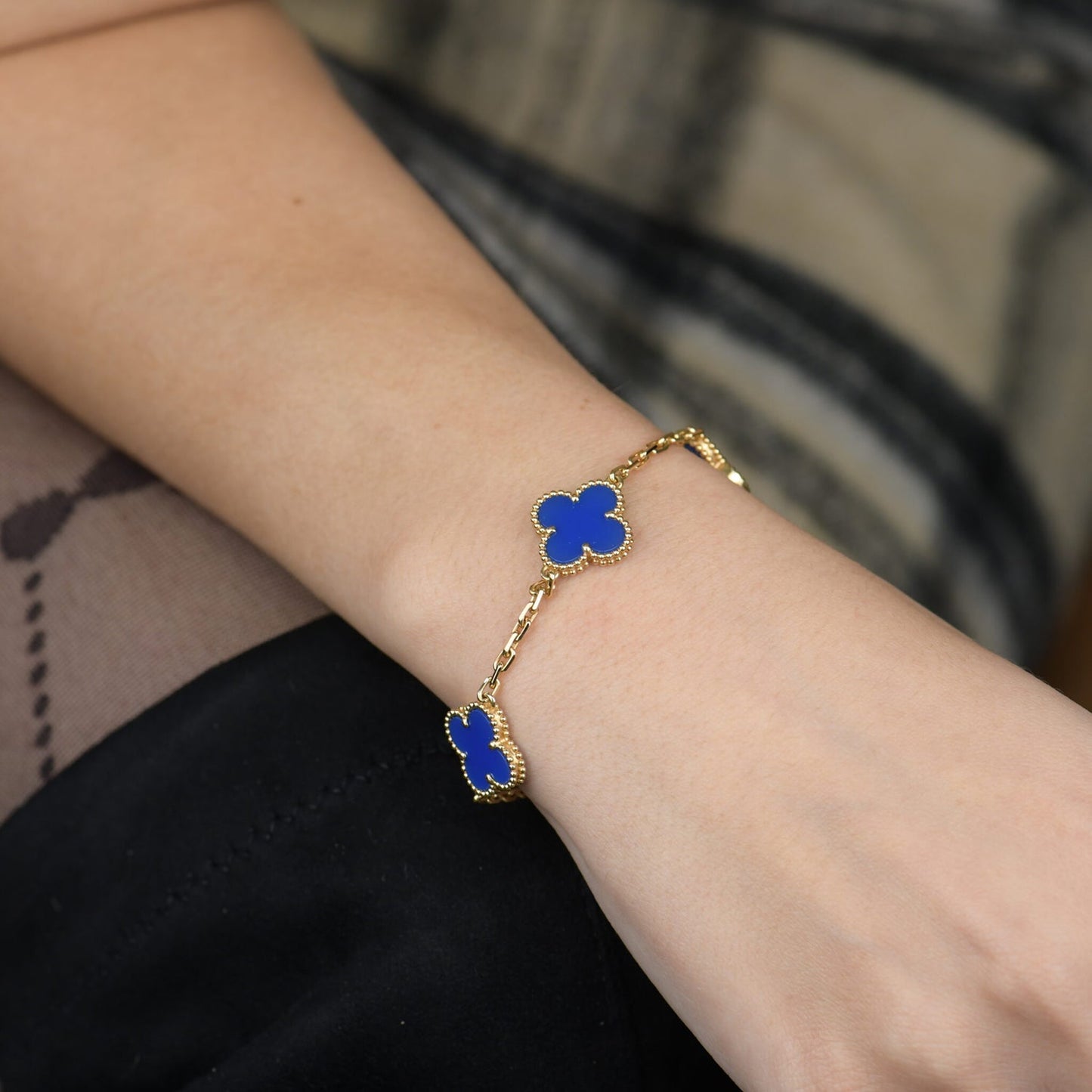 [Royal Jewelry]CLOVER 5 MOTIFS BLUE AGATE BRACELET