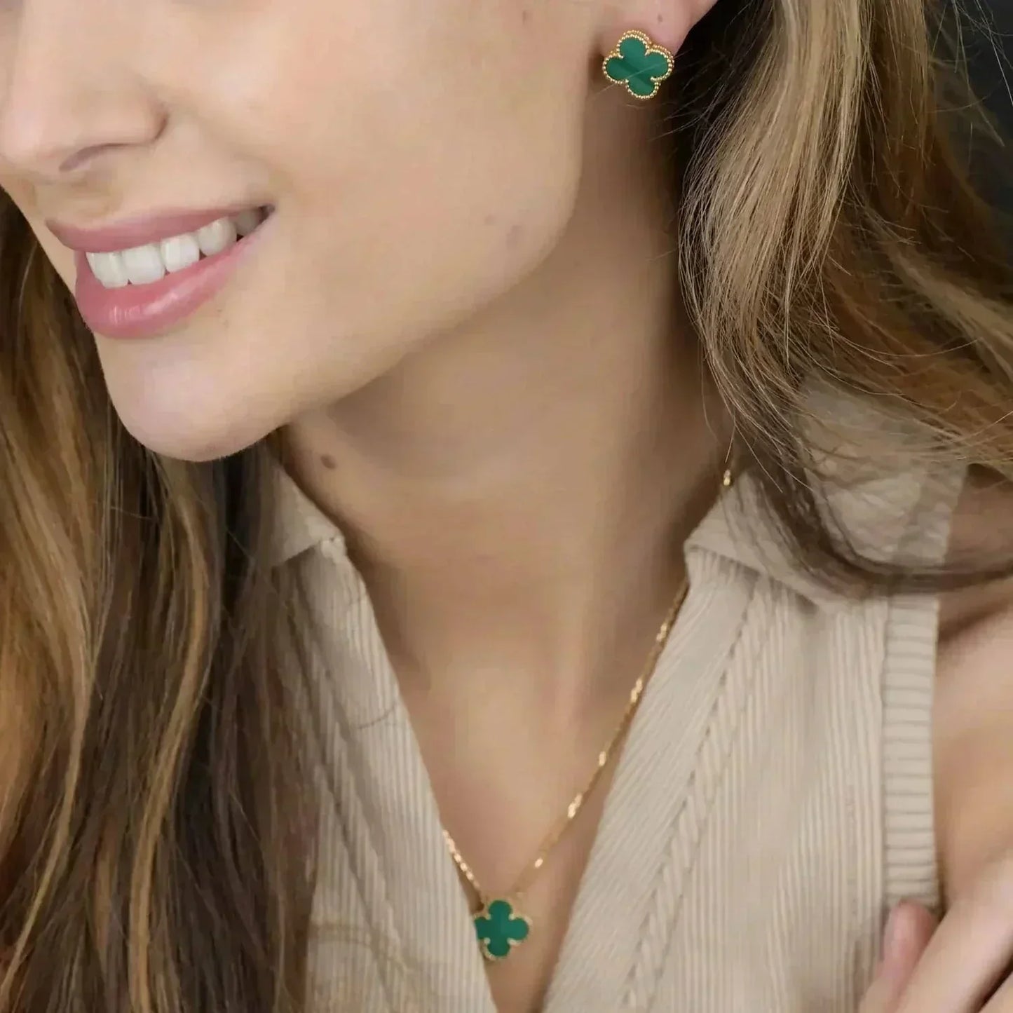 [Royal Jewelry]CLOVER MINI 9.5MM MALACHITE  EARRINGS