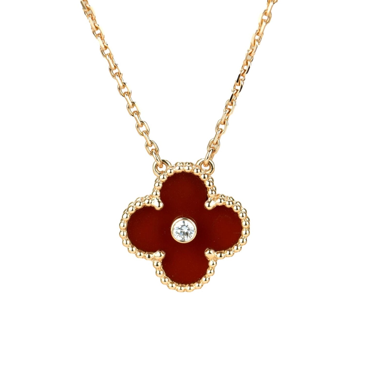 [Royal Jewelry]CLOVER 15MM DIAMOND CARNELIAN NECKLACE