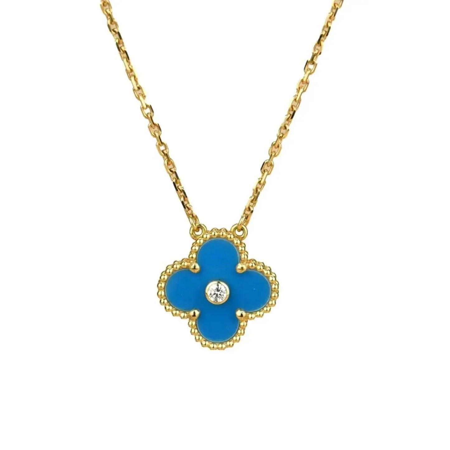 [Royal Jewelry]COLLIER TRÈFLE 15 MM DIAMANT ET AGATE BLEUE
