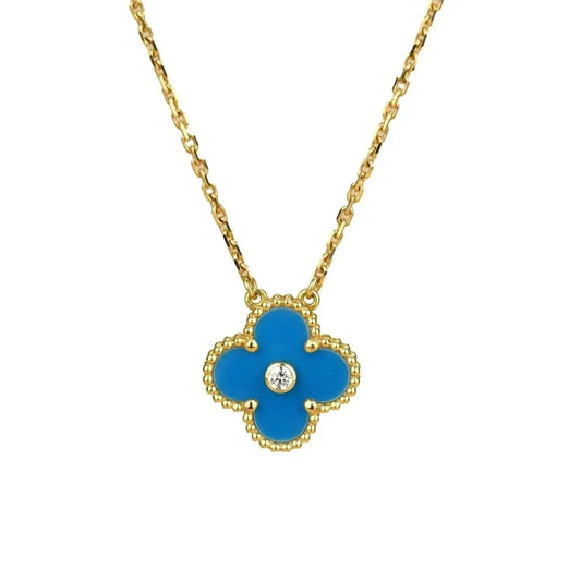 [Royal Jewelry]CLOVER 15MM DIAMOND AND BLUE AGATE NECKLACE