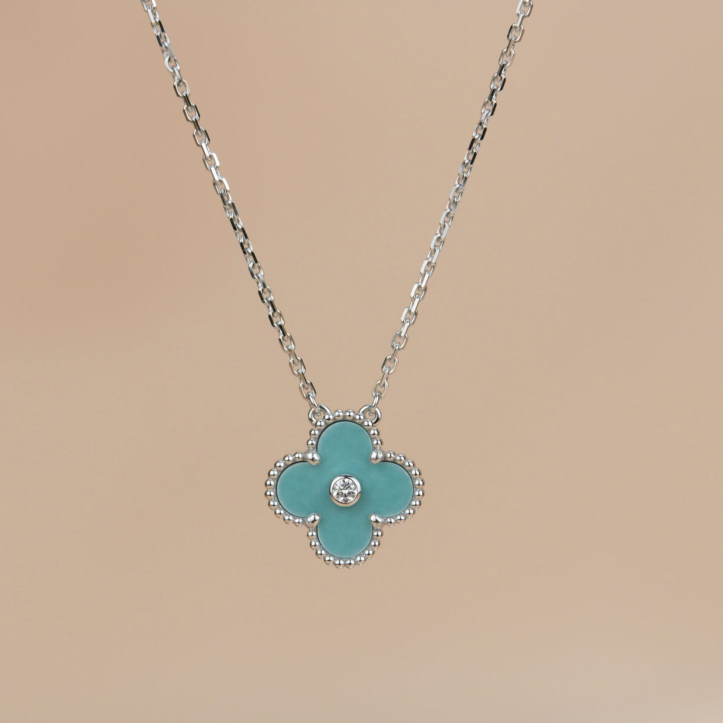 [Royal Jewelry]COLLIER TRÈFLE 15MM DIAMANT PORCELAINE ARGENT