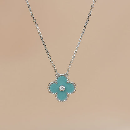 [Royal Jewelry]COLLIER TRÈFLE 15MM DIAMANT PORCELAINE ARGENT