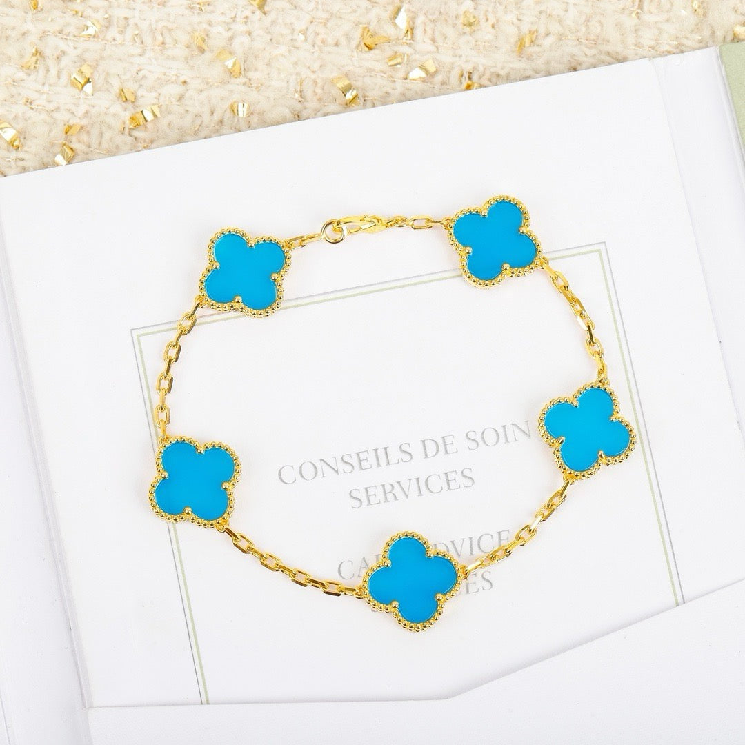 [Royal Jewelry]CLOVER 5 MOTIFS TURQUOISE BRACELET