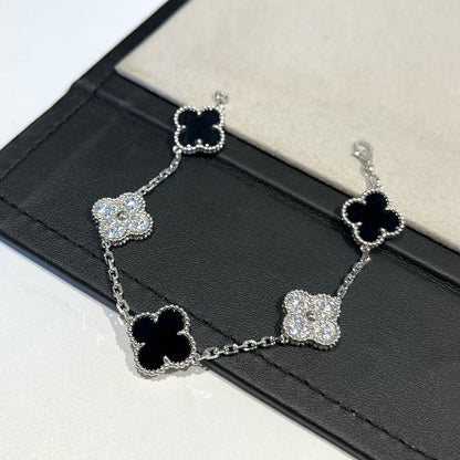 [Royal Jewelry]CLOVER 5 MOTIF ONYXS DIAMOND BRACELET SILVER