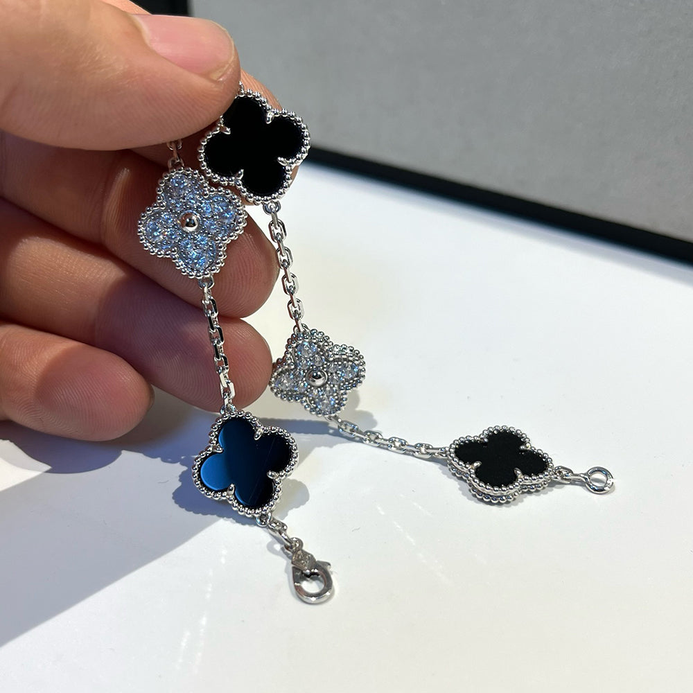 [Royal Jewelry]CLOVER 5 MOTIF ONYXS DIAMOND BRACELET SILVER