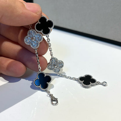 [Royal Jewelry]CLOVER 5 MOTIF ONYXS DIAMOND BRACELET SILVER