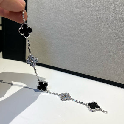 [Royal Jewelry]CLOVER 5 MOTIF ONYXS DIAMOND BRACELET SILVER