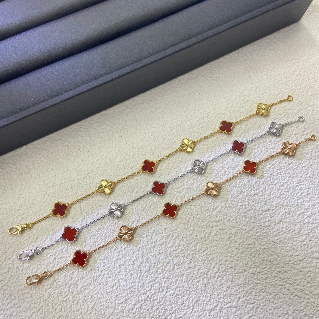 [Royal Jewelry]CLOVER 6 MOTIF RED AGATE LASER BRACELET