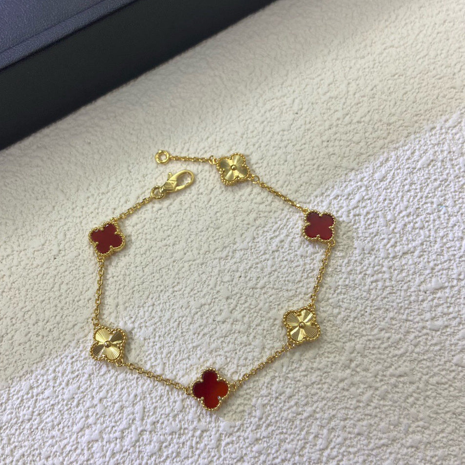 [Royal Jewelry]CLOVER 6 MOTIF RED AGATE LASER BRACELET