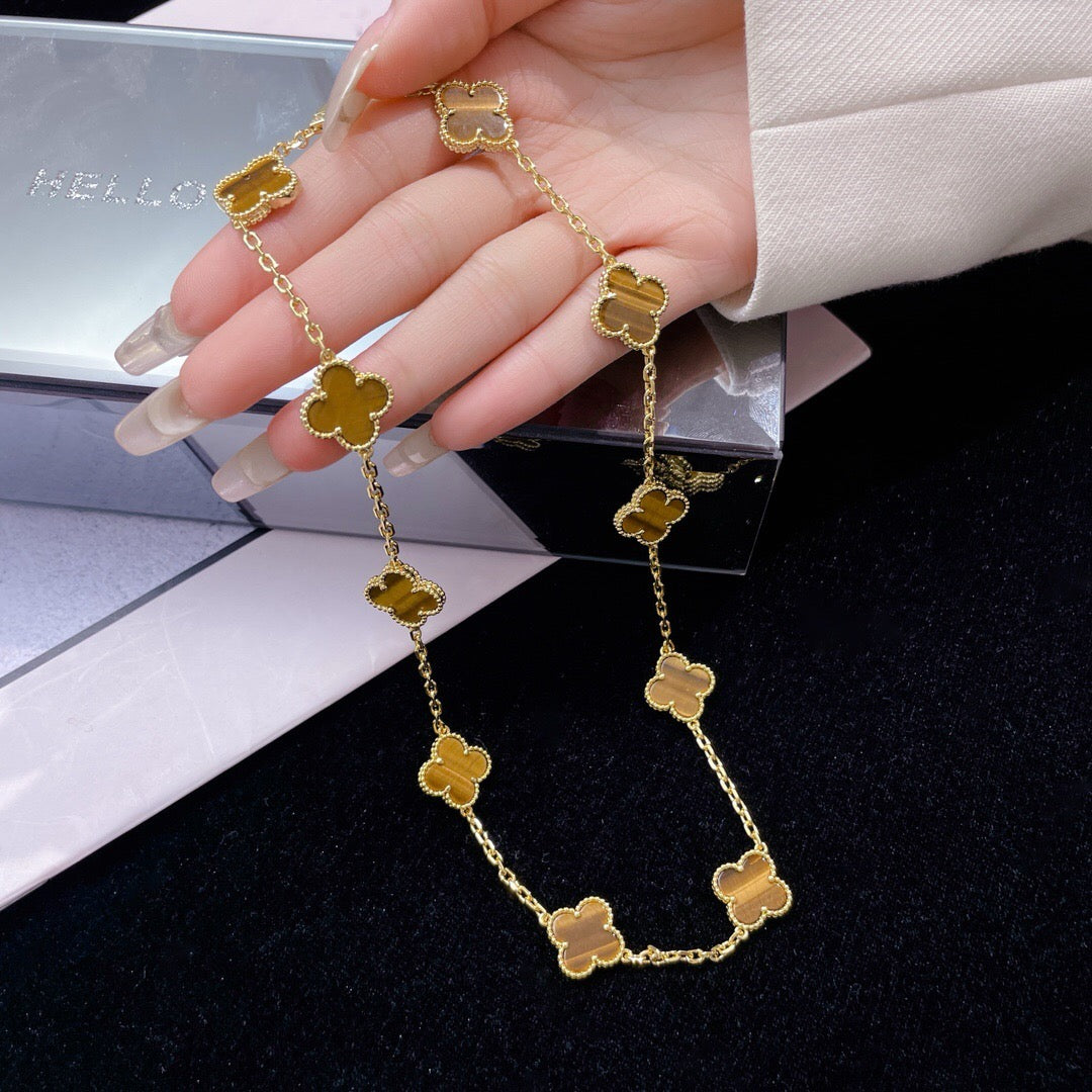 [Royal Jewelry]CLOVERS THE 10-MOTIFS TIGER EYE NECKLACE