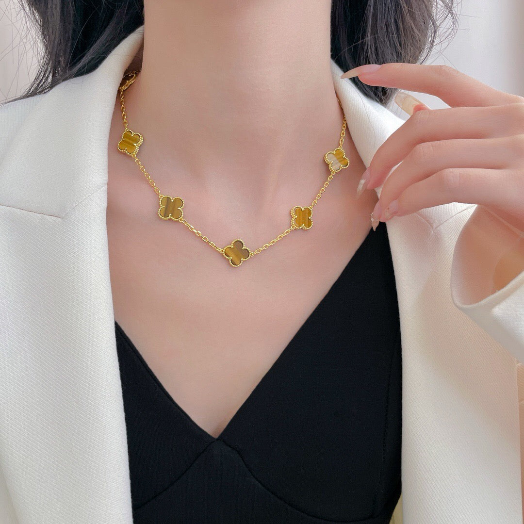 [Royal Jewelry]CLOVERS THE 10-MOTIFS TIGER EYE NECKLACE