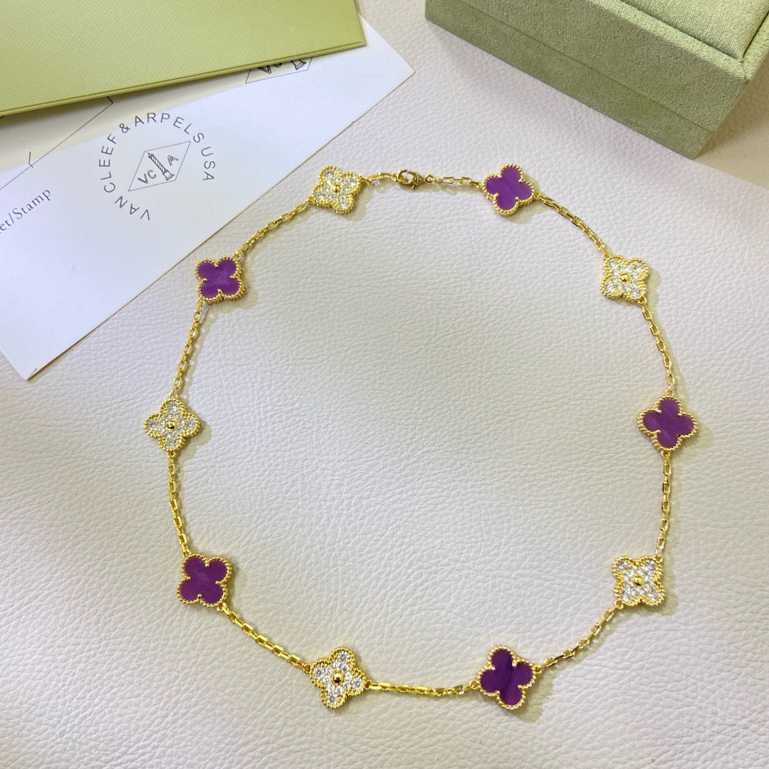 [Royal Jewelry]CLOVER 10 MOTIFS  PURPLE VIOLET DIAMOND NECKLACE