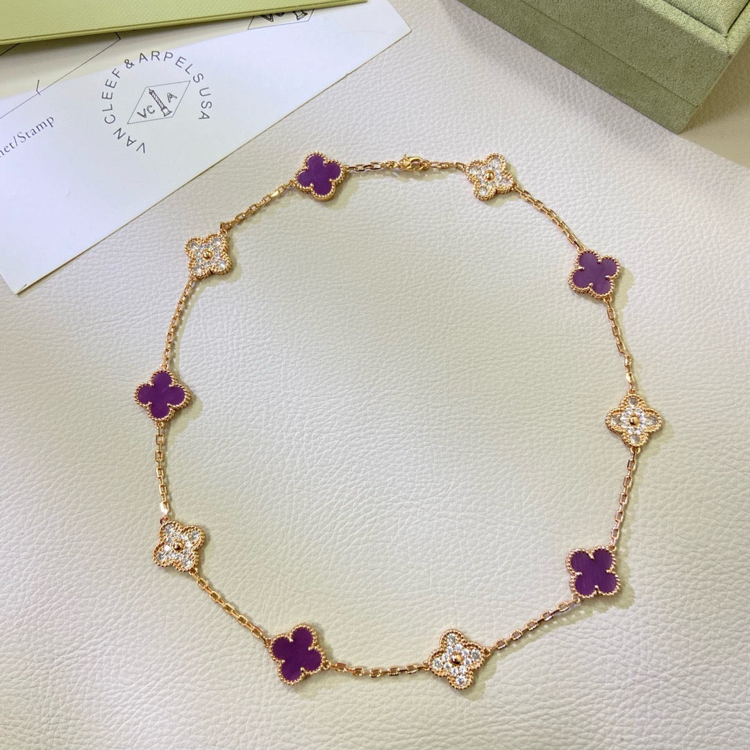 [Royal Jewelry]CLOVER 10 MOTIFS  PURPLE VIOLET DIAMOND NECKLACE