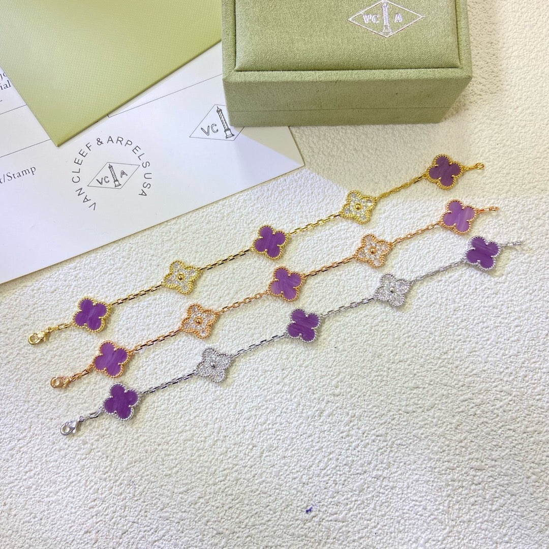 [Royal Jewelry]CLOVER  5 MOTIFS  PURPLE VIOLET DIAMOND BRACELET