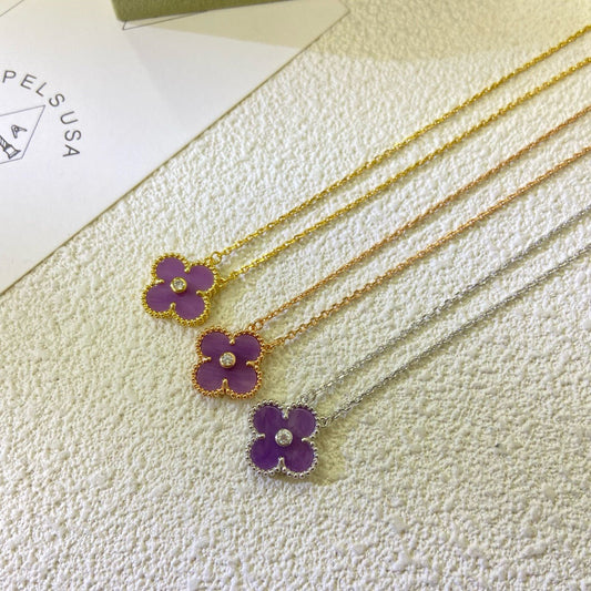 [Royal Jewelry]CLOVER 15MM DIAMOND  PURPLE VIOLET NECKLACE