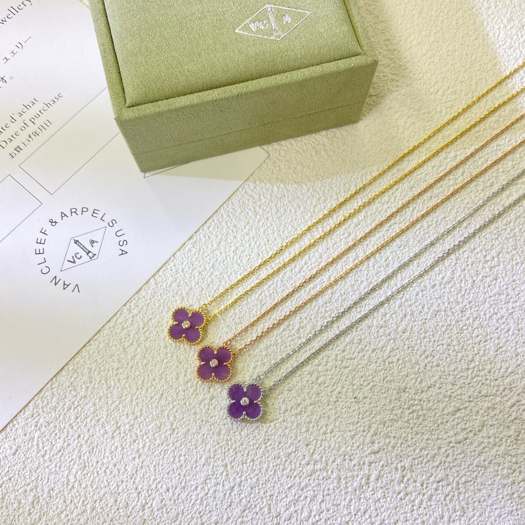 [Royal Jewelry]CLOVER 15MM DIAMOND  PURPLE VIOLET NECKLACE