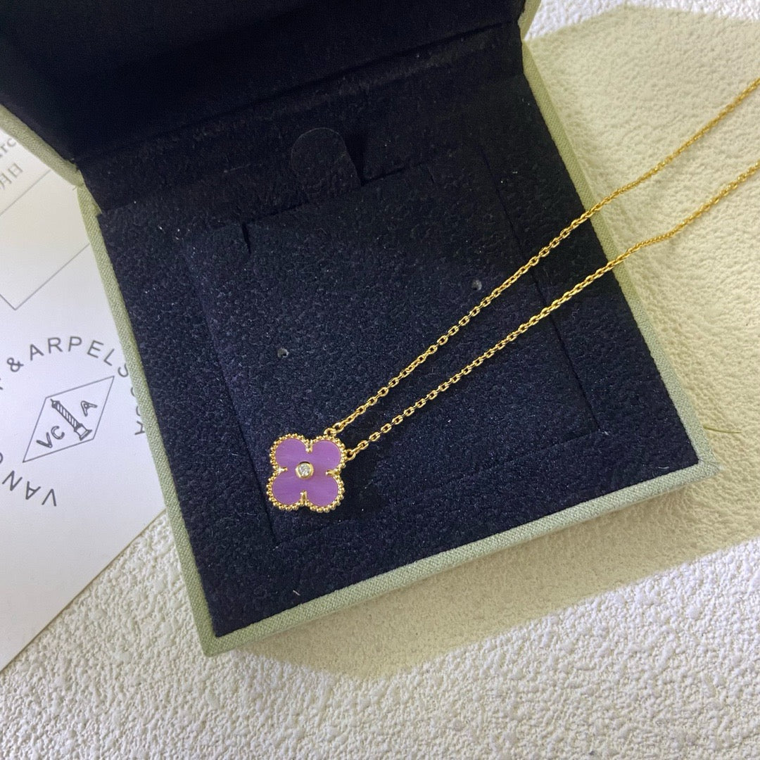 [Royal Jewelry]CLOVER 15MM DIAMOND  PURPLE VIOLET NECKLACE