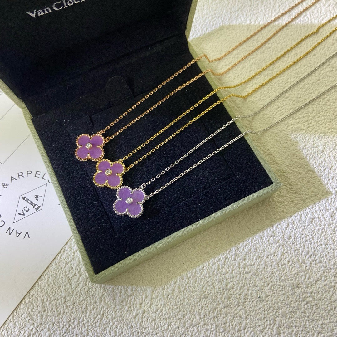 [Royal Jewelry]CLOVER 15MM DIAMOND  PURPLE VIOLET NECKLACE