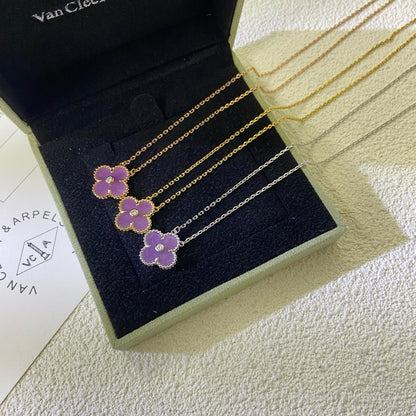 [Royal Jewelry]CLOVER 15MM DIAMOND  PURPLE VIOLET NECKLACE
