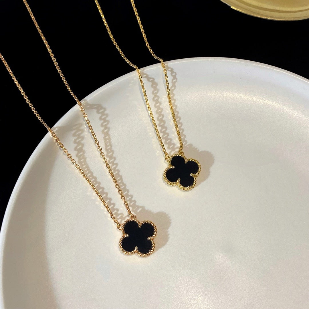 [Royal Jewelry]CLOVER 15MM BLACK ONYX SINGLE FLOWER NECKLACE