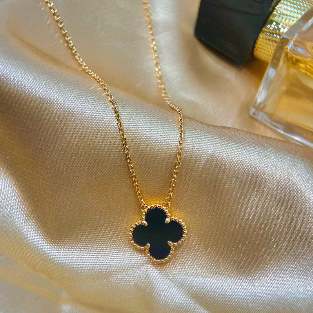 [Royal Jewelry]CLOVER 15MM BLACK ONYX SINGLE FLOWER NECKLACE