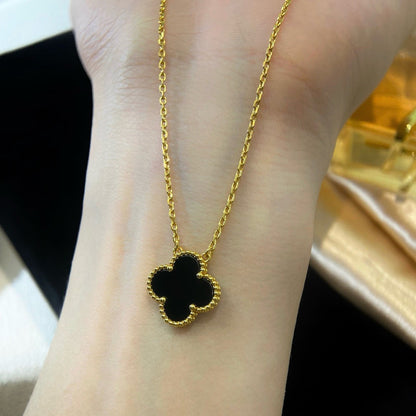 [Royal Jewelry]CLOVER 15MM BLACK ONYX SINGLE FLOWER NECKLACE