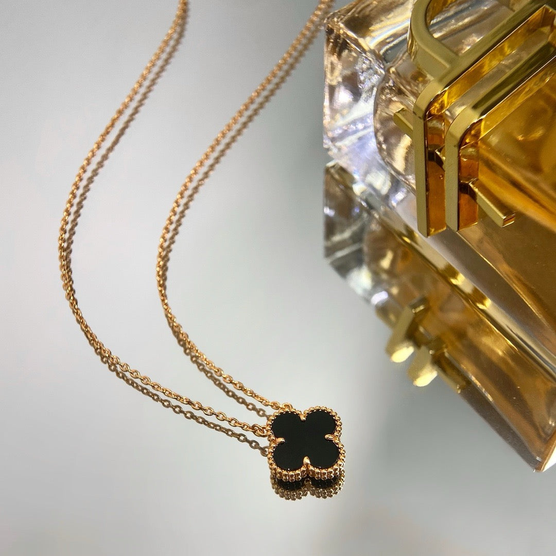 [Royal Jewelry]CLOVER 15MM BLACK ONYX SINGLE FLOWER NECKLACE