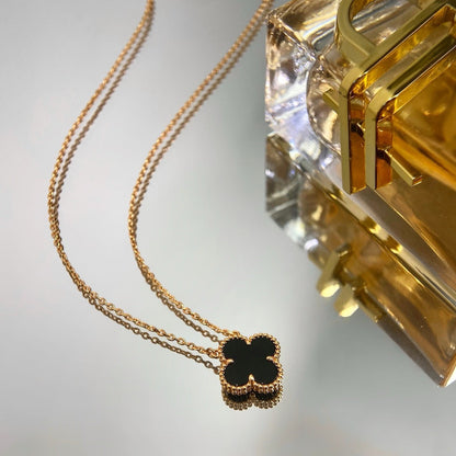 [Royal Jewelry]CLOVER 15MM BLACK ONYX SINGLE FLOWER NECKLACE