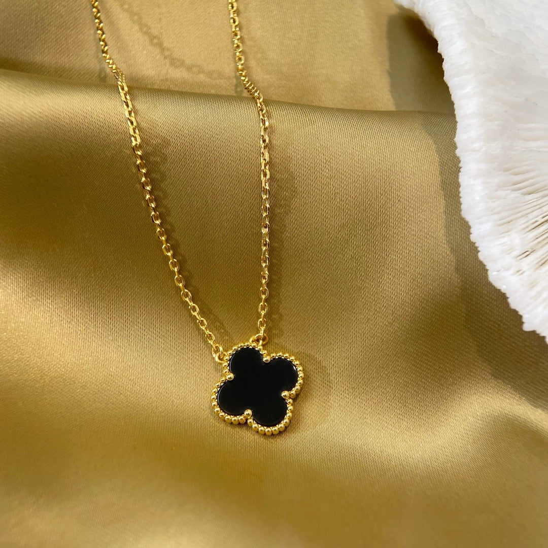 [Royal Jewelry]CLOVER 15MM BLACK ONYX SINGLE FLOWER NECKLACE