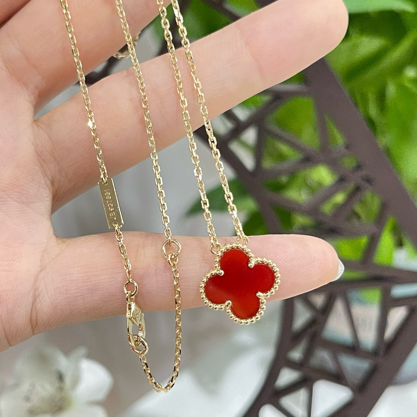 [Royal Jewelry]CLOVER 15MM CARNELIAN SINGLE FLOWER NECKLACE