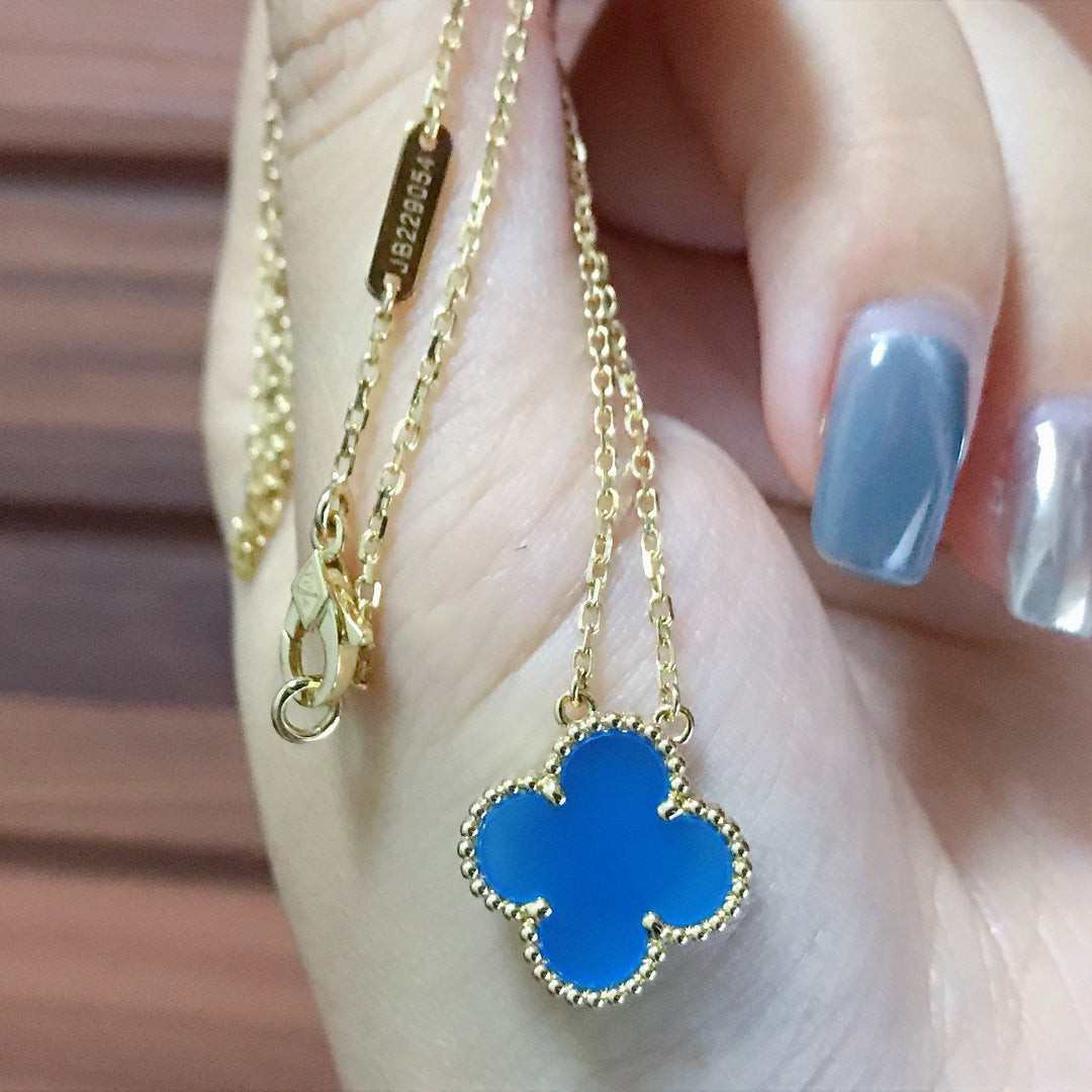 [Royal Jewelry]CLOVER 15MM BLUE AGATE NECKLACE