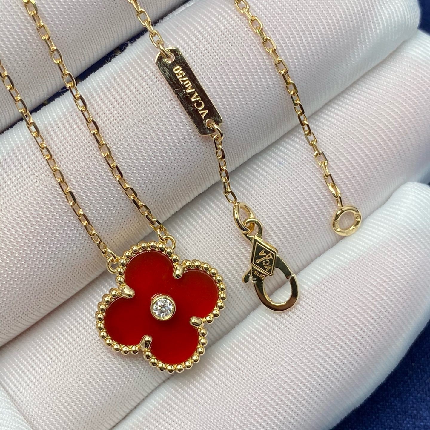 [Royal Jewelry]CLOVER 15MM DIAMOND CARNELIAN NECKLACE