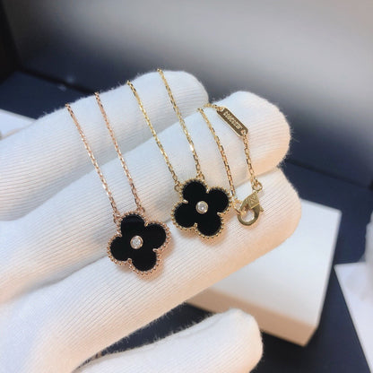 [Royal Jewelry]CLOVER 15MM DIAMOND ONYX NECKLACE