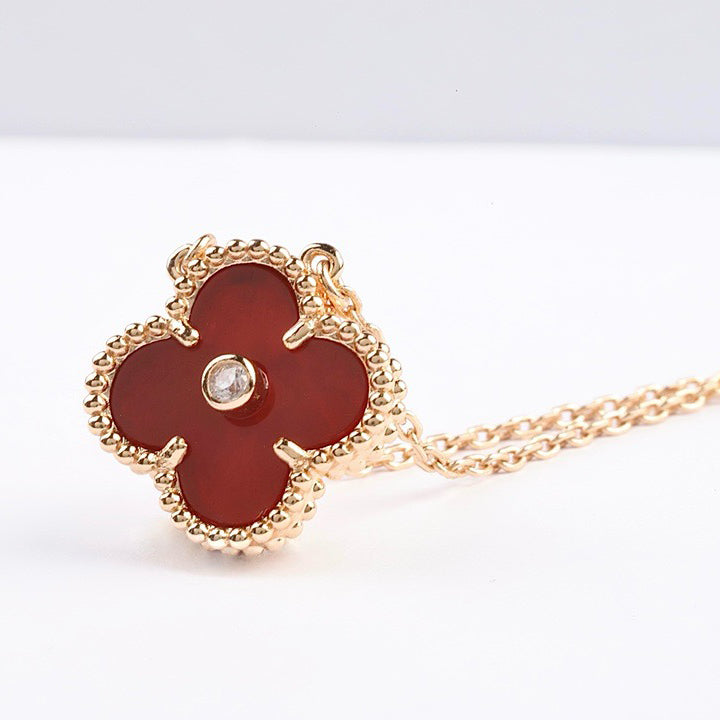 [Royal Jewelry]CLOVER 15MM DIAMOND CARNELIAN NECKLACE