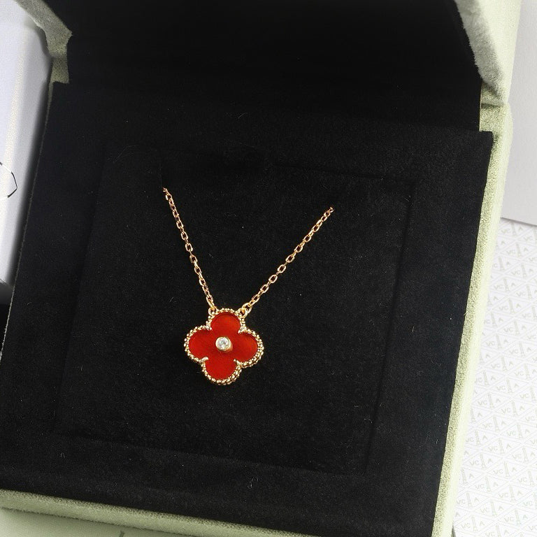 [Royal Jewelry]CLOVER 15MM DIAMOND CARNELIAN NECKLACE
