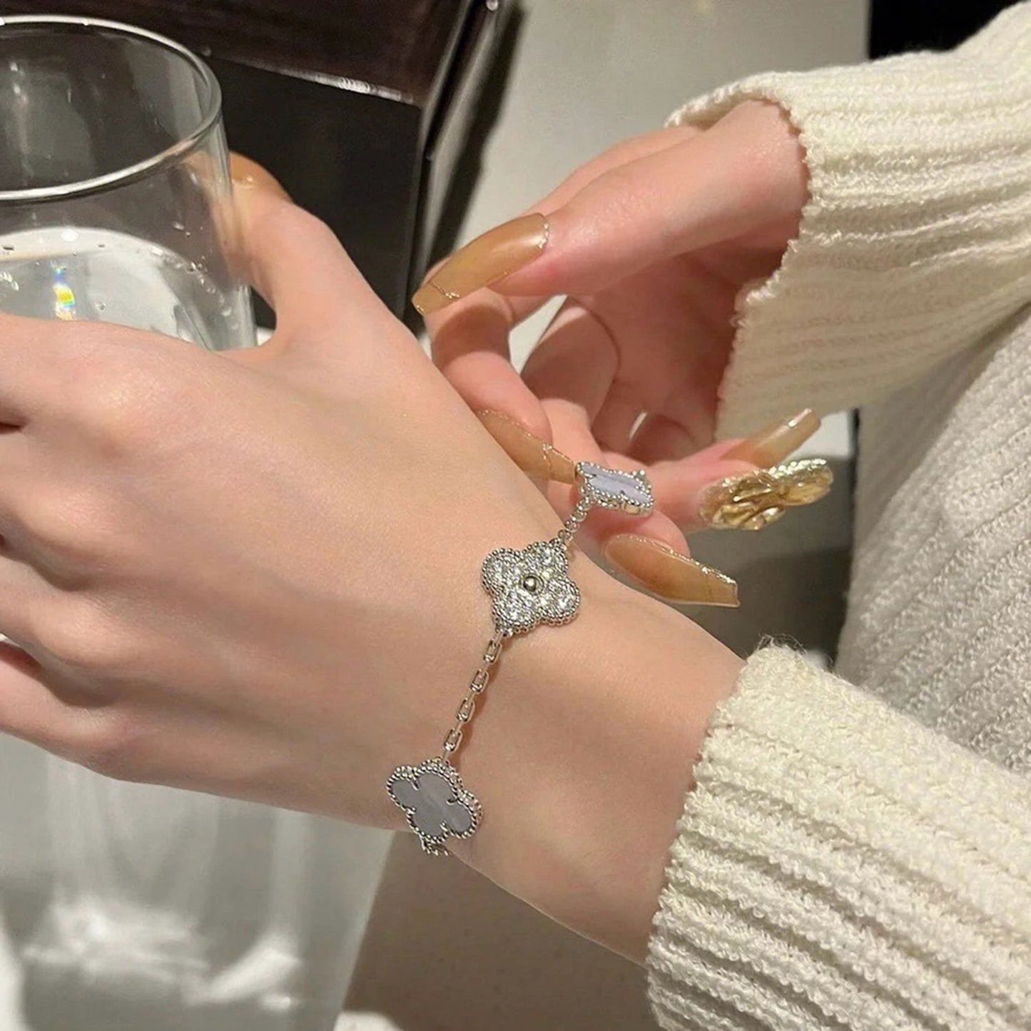 [Royal Jewelry]CLOVER  5 MOTIF DIAMOND PURPLE CHALCEDONY BRACELET SILVER
