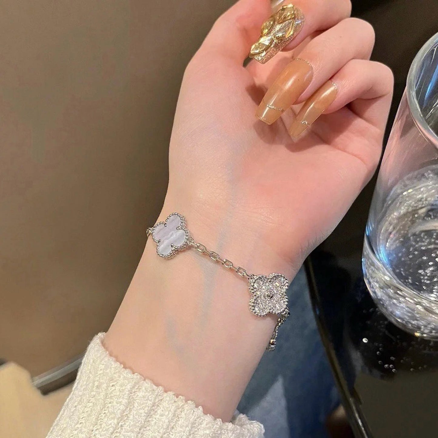[Royal Jewelry]CLOVER  5 MOTIF DIAMOND PURPLE CHALCEDONY BRACELET SILVER
