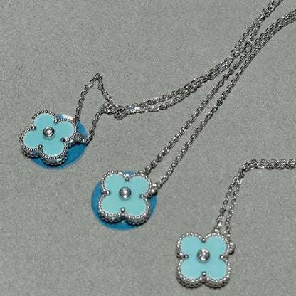 [Royal Jewelry]CLOVER 1 DIAMOND LIGHT BLUE SILVER NECKLACE