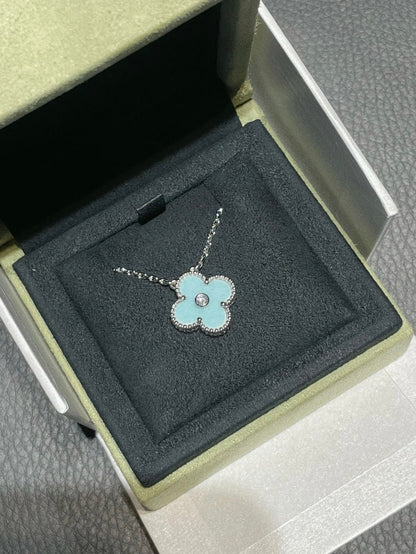 [Royal Jewelry]CLOVER 1 DIAMOND LIGHT BLUE SILVER NECKLACE