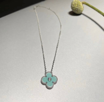 [Royal Jewelry]CLOVER 1 DIAMOND LIGHT BLUE SILVER NECKLACE